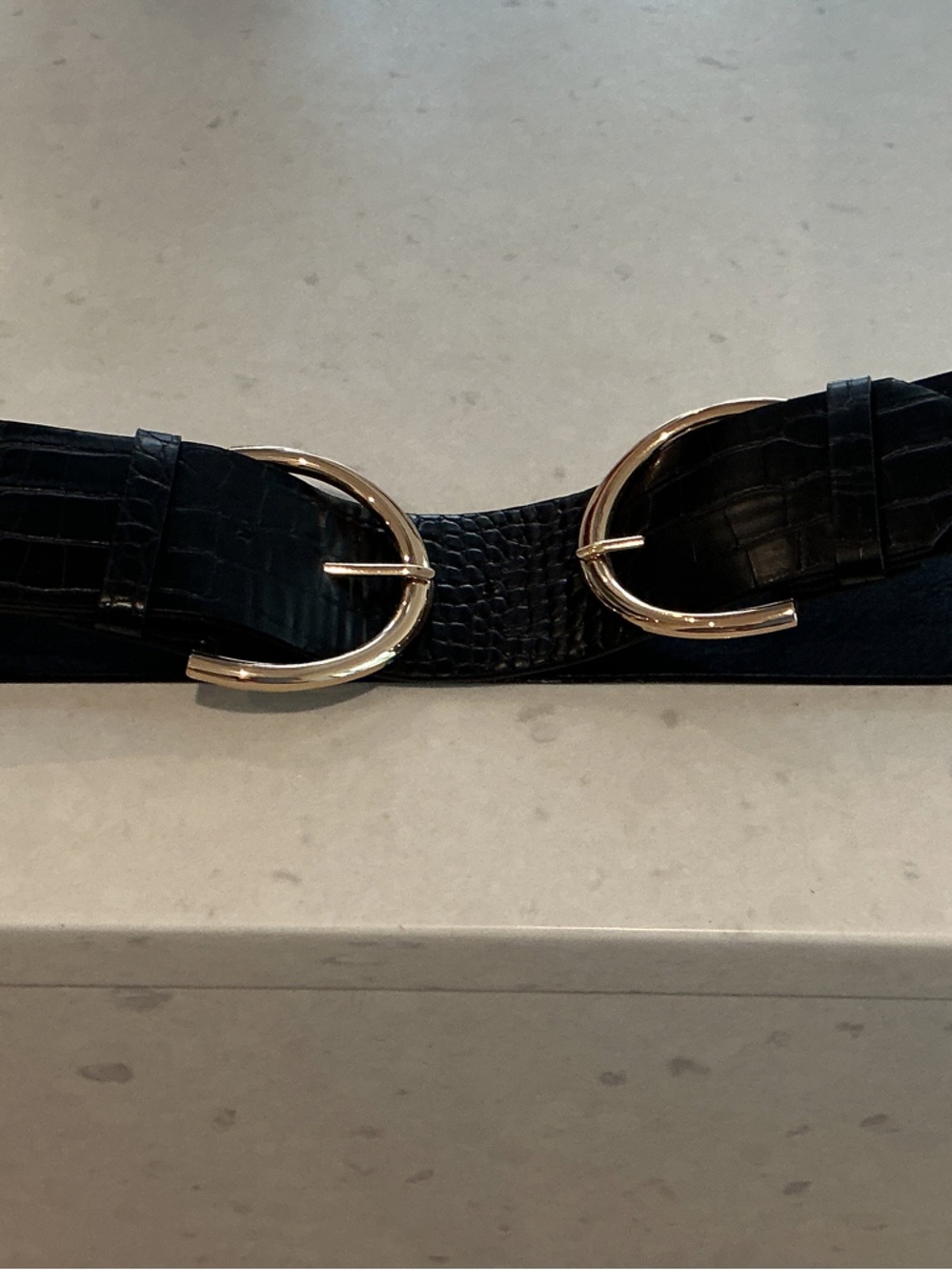 Black Croc-Embossed Double-Buckle Waist Belt
